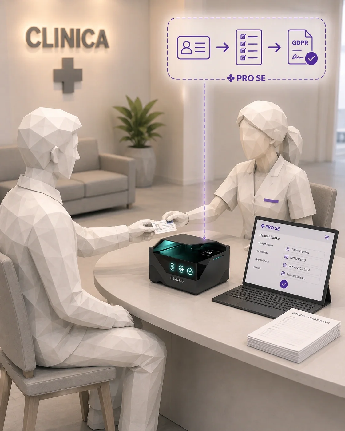 Recepția unei clinici, randare 3D: sub firma CLINICA, asistenta preia actul unui pacient așezat la birou, lângă un cititor Osmond; pe laptop, fișa de înregistrare Pro SE.