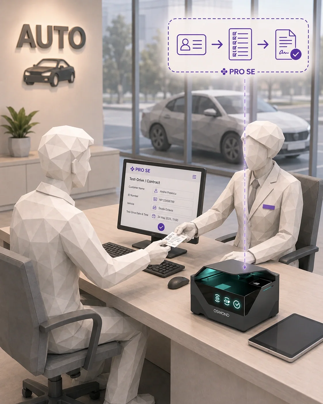 Showroom auto, randare 3D: sub firma AUTO, consultantul preia actul unui client de la birou, lângă un cititor Osmond; pe monitor, contractul de test-drive Pro SE.