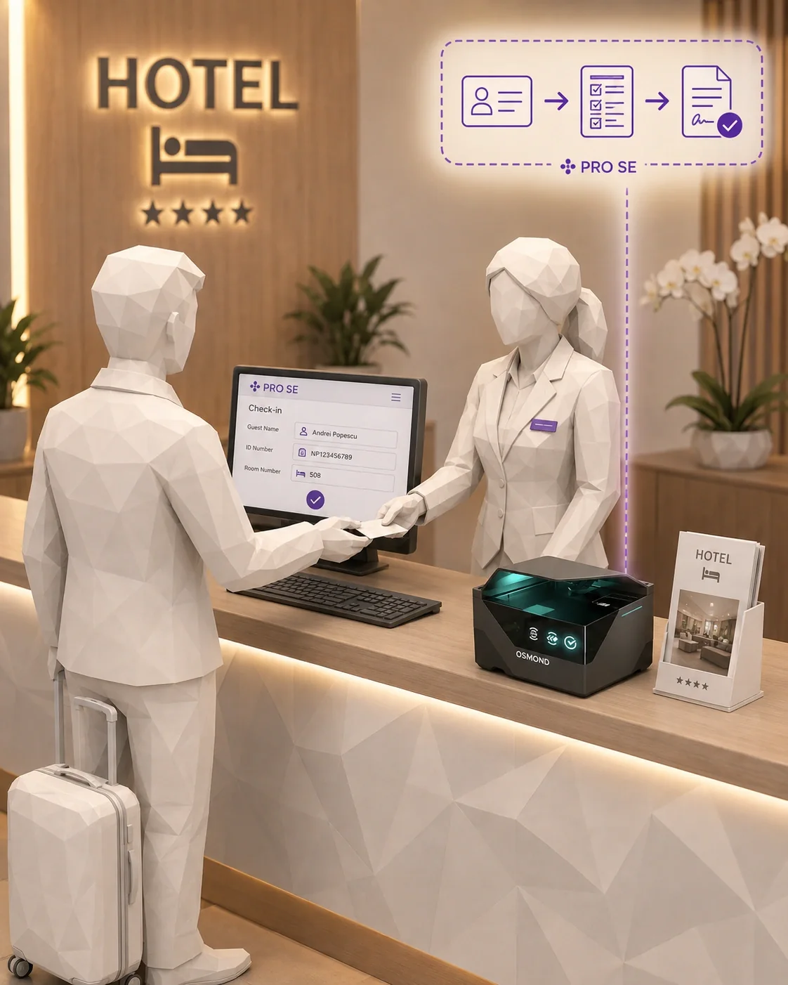Recepție de hotel, randare 3D: sub firma luminoasă HOTEL, recepționera preia actul unui client cu bagaj, lângă un cititor de documente Osmond; pe monitor, fișa de check-in Pro SE.